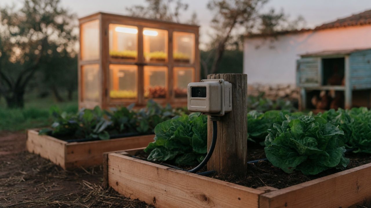 Raised beds of lettuce with a sensor box on a post and the nursery cabinet behind them.