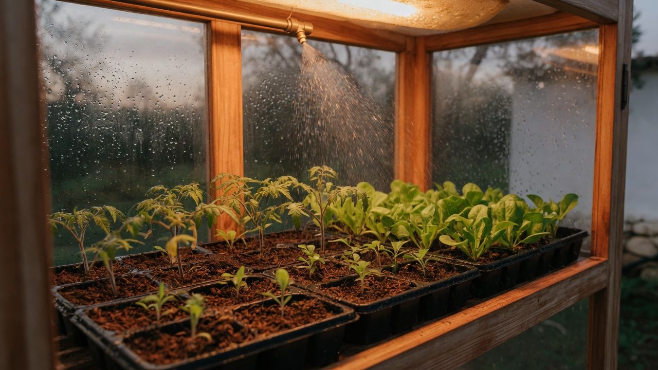 Seedling trays inside a timber cabinet, with a mist nozzle and warm grow lights.