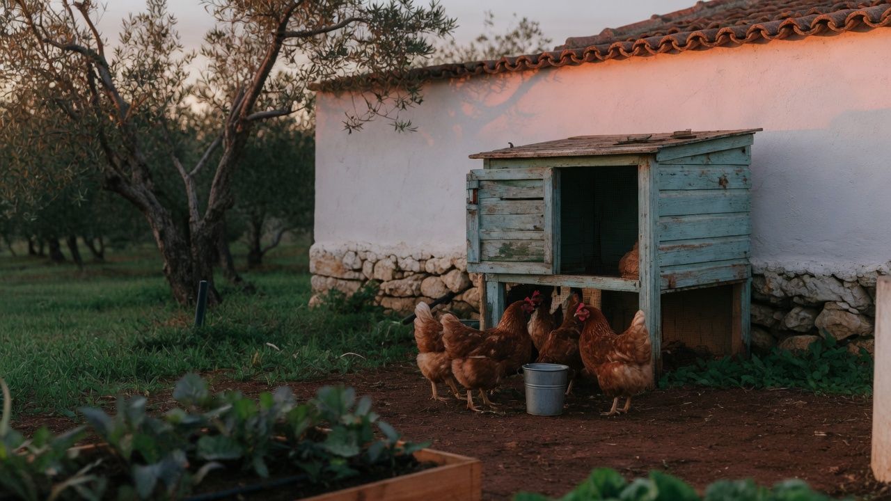 Brown hens at a wooden coop and a water bucket, in warm morning light.