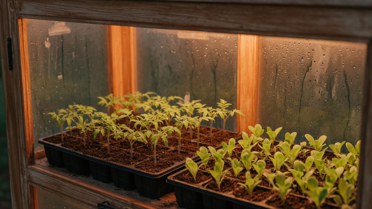 Tomato and lettuce seedlings in trays inside the nursery cabinet.