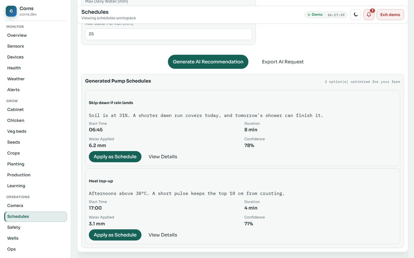Corns AI schedule assistant. Two pump plans: an 8 minute dawn run at 78 percent confidence because soil is 31 percent, and a 4 minute afternoon pulse.