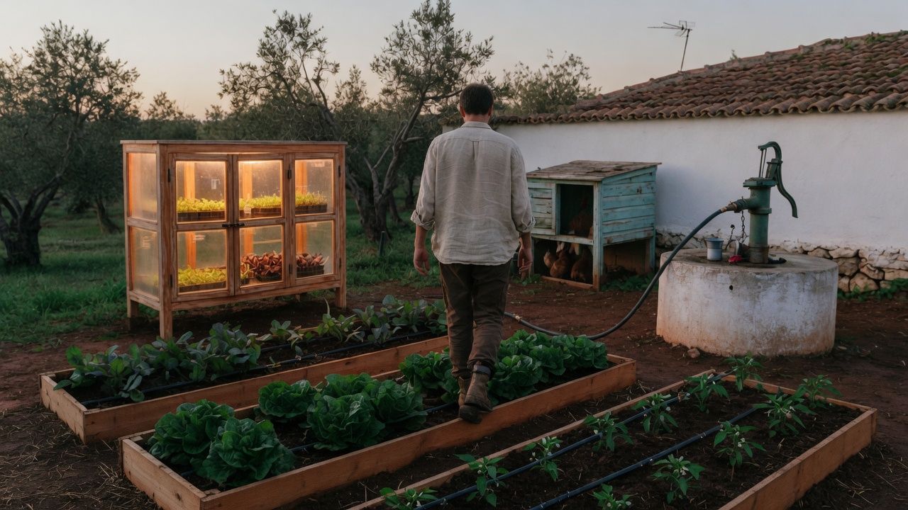 A person walking the path between lettuce beds toward the nursery cabinet at dawn.