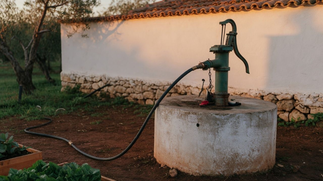 A concrete well head and hand pump, with a black hose running toward the beds at dawn.